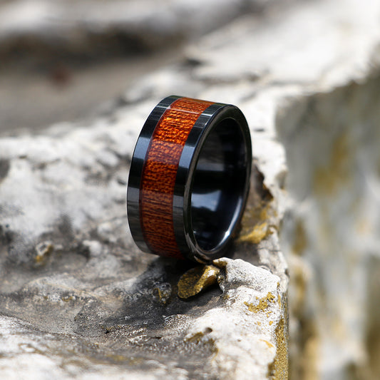 Black Tungsten Wedding Ring Domed with Real Koa Wood Inlay