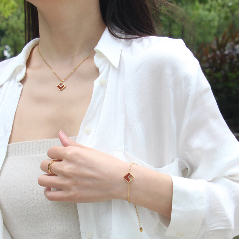 SOPEWOD Wood Inlay Gold Plated Bracelet Necklace Women Earrings 18K Stainless Steel Jewelry Set