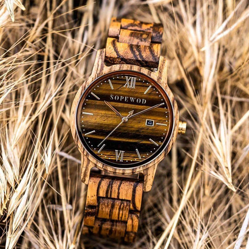 SOPEWOD Custom Anniversary Gift Engraved Wooden Men Watch Wristwatches Natural zebra Customized Wood Watch