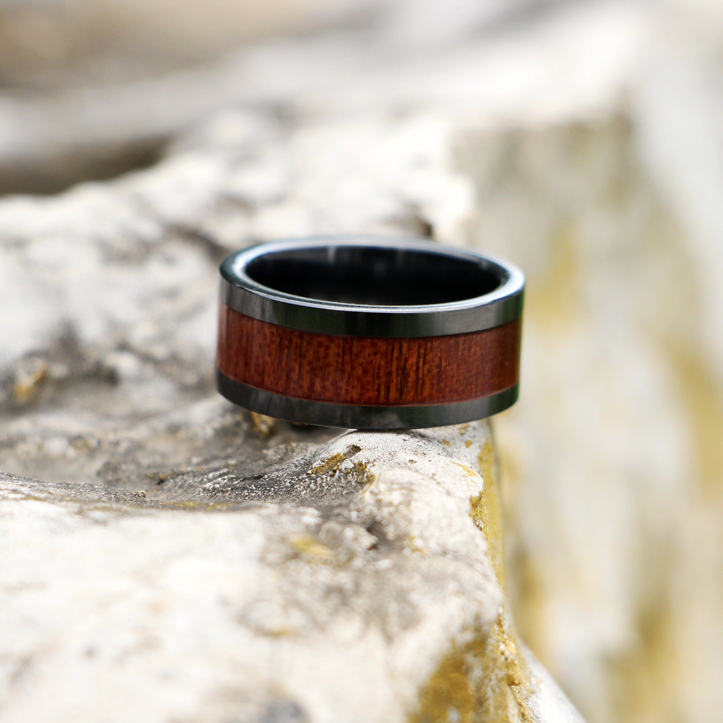 Black Tungsten Wedding Ring Domed with Real Koa Wood Inlay