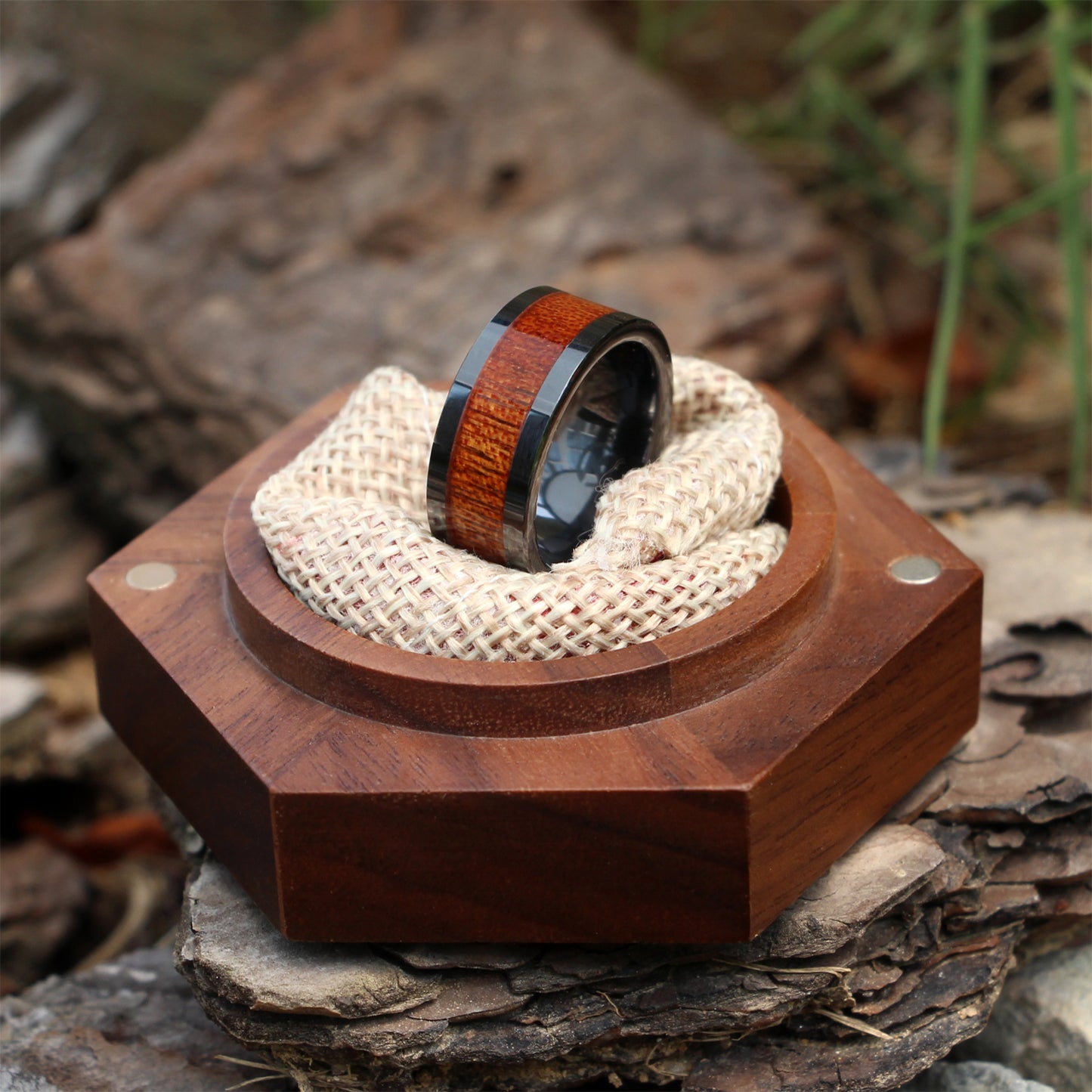 Black Tungsten Wedding Ring Domed with Real Koa Wood Inlay