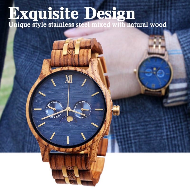 SOPEWOD Mens Personalized Engraved Wooden Watches, Stylish Wood & Stainless Steel Combined Quartz Casual Wristwatches for Men Family Friends Customized Watch