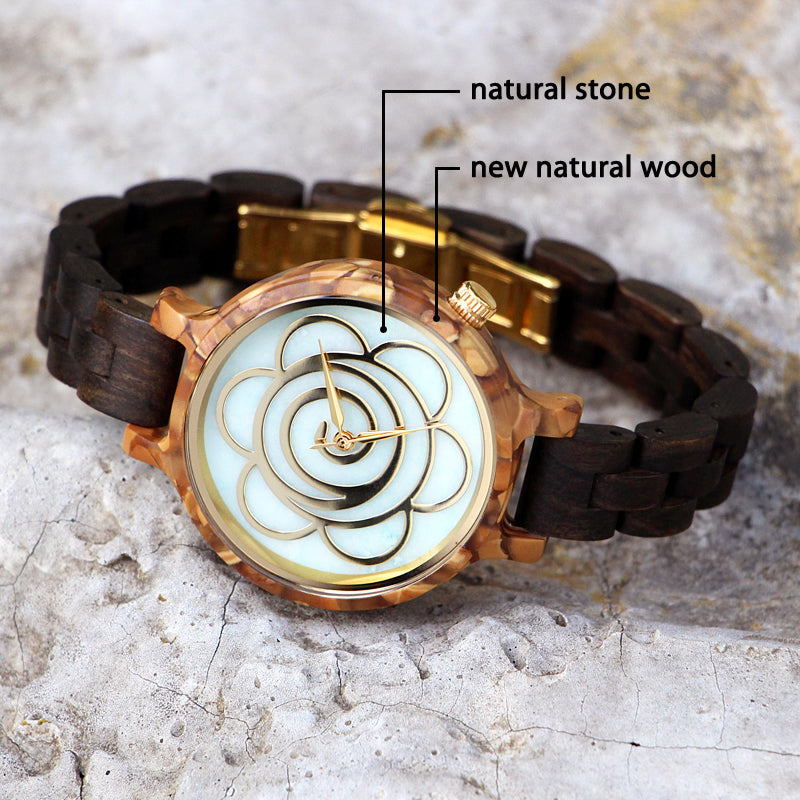 SOPEWOD Women's New Natural Wood Watch and Stone Face Design